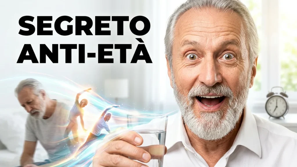 Uomo sorridente over 60 accanto alla scritta Segreto anti-età