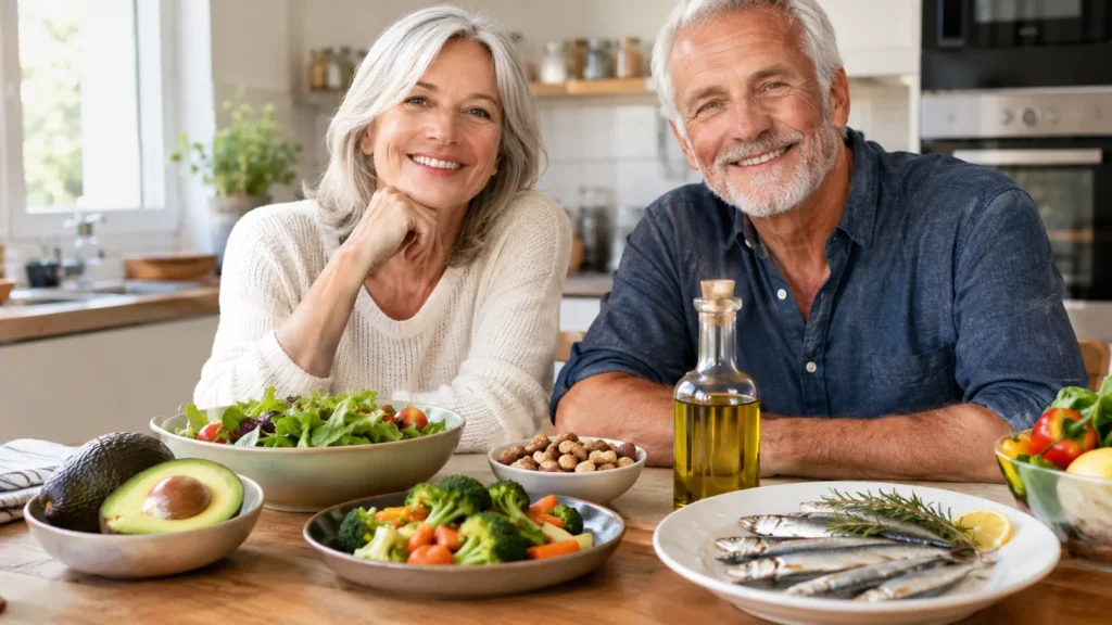 Coppia over 50 a tavola con avocado, insalata, sardine e olio di oliva