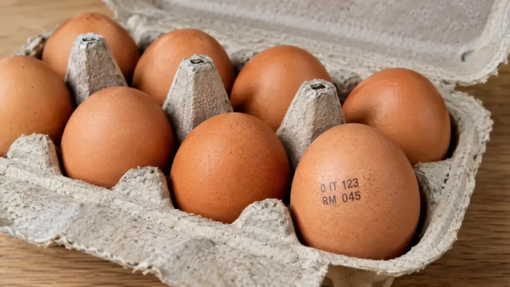 Cartone di uova aperto con il codice numerico stampato in evidenza sul guscio
