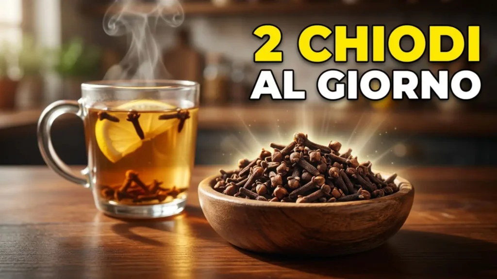 Chiodi di garofano interi su un tagliere di legno, accanto a una tazza di infuso fumante