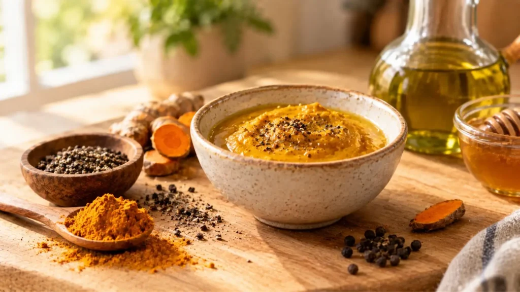 Cucchiaino di crema dorata di curcuma e miele con pepe nero e olio in una tazzina