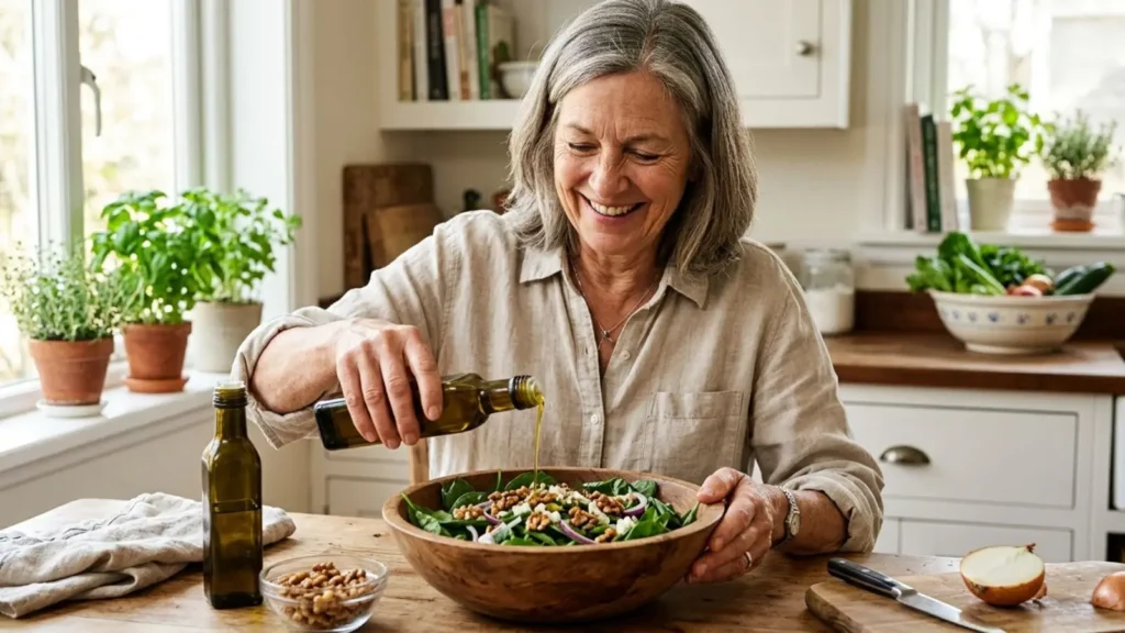 Donna sulla sessantina prepara un'insalata con spinaci, noci e olio extravergine in cucina.
