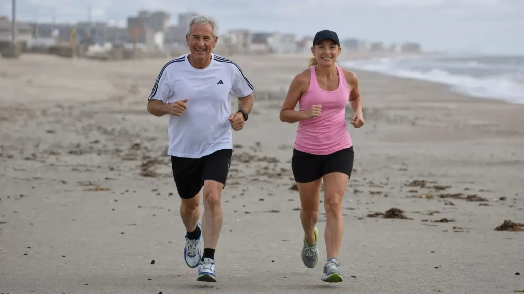 Coppia over 50 che corre sulla spiaggia