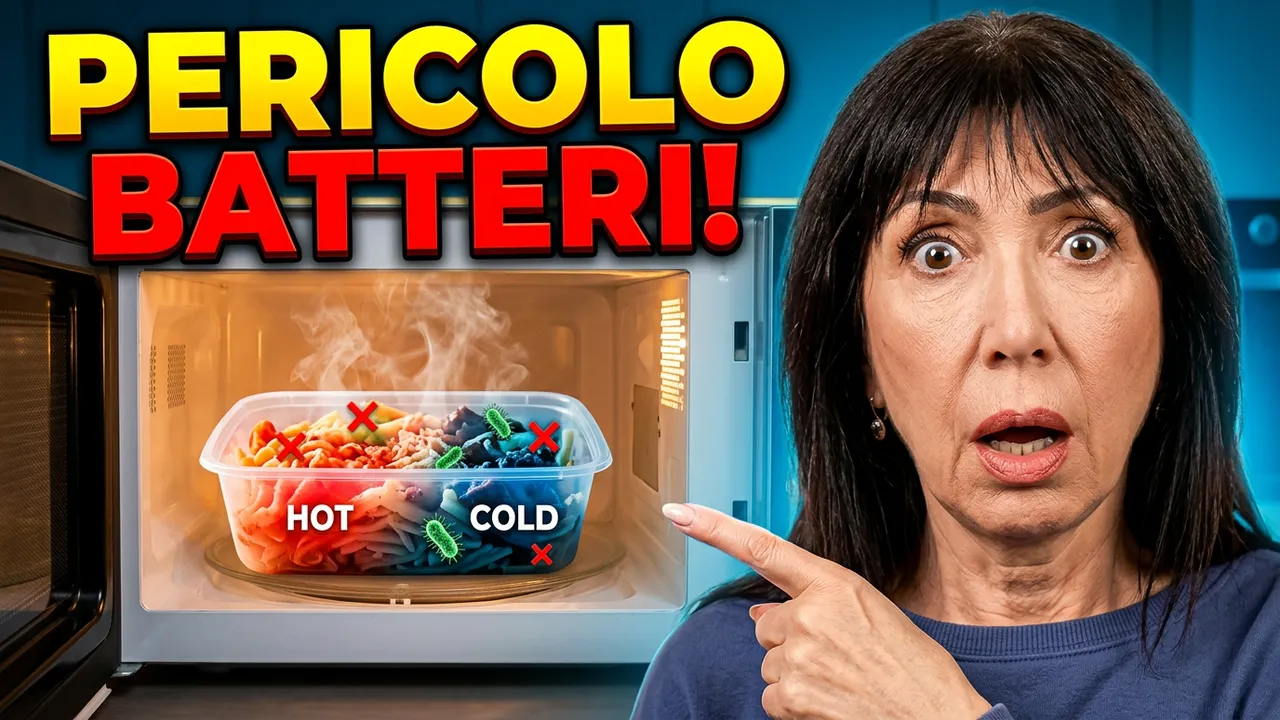 Donna che indica un contenitore nel microonde accanto alla scritta Pericolo batteri