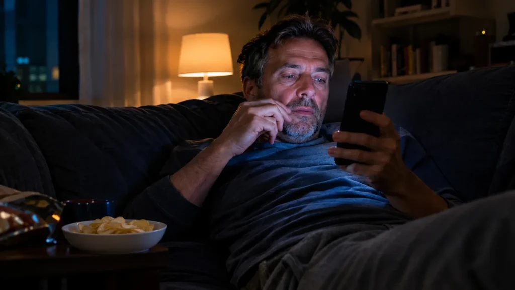 Uomo sdraiato al buio con il viso illuminato dallo schermo del telefono