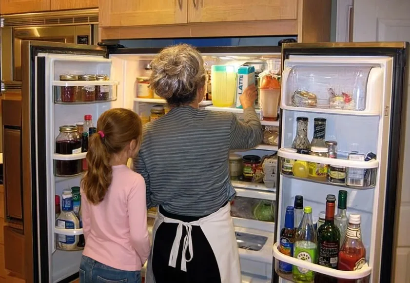 Una donna e una bambina davanti al frigorifero aperto e pieno