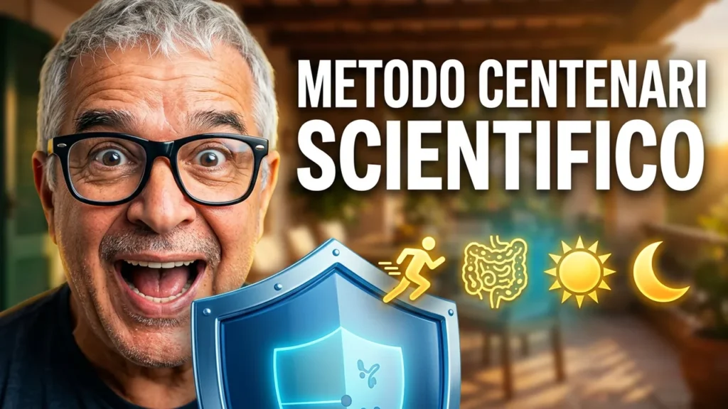 Uomo sorridente accanto a uno scudo e alla scritta Metodo centenari scientifico