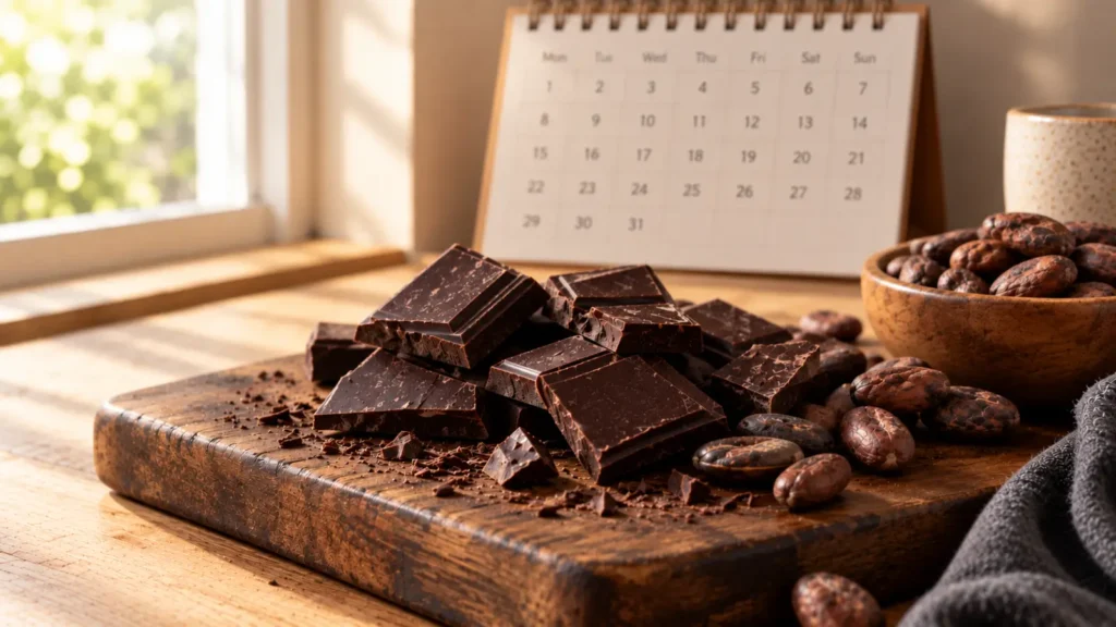 Quadratini di cioccolato fondente spezzati su un tagliere di legno