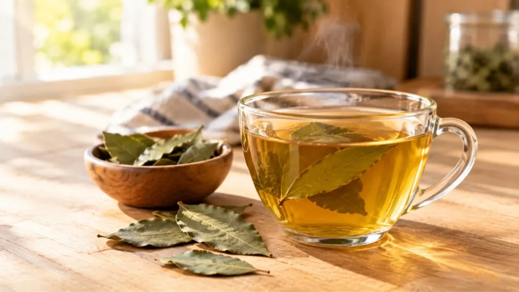 Tazza di infuso di alloro appena filtrato con foglie secche disposte su un tavolo di legno chiaro