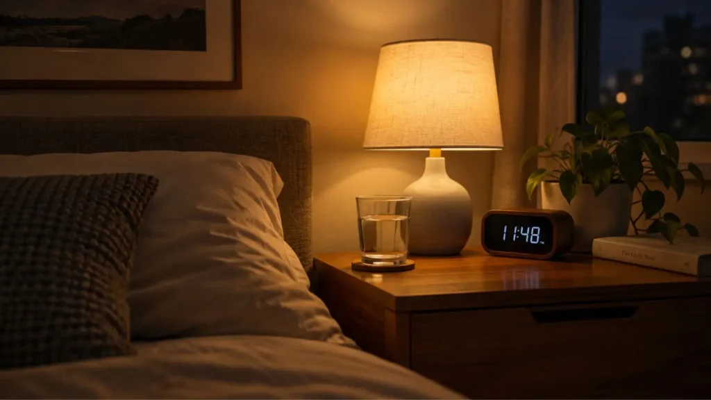 Comodino con bicchiere di acqua e lampada accesa, orologio quasi a mezzanotte
