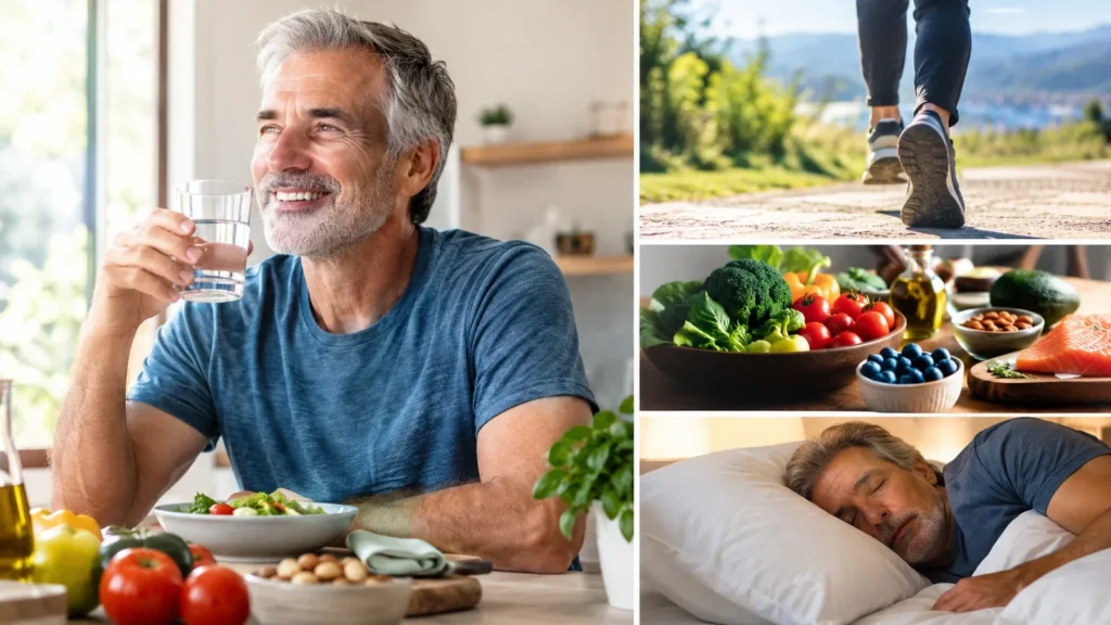 Composizione con un uomo che beve acqua, verdure fresche, una camminata e il sonno