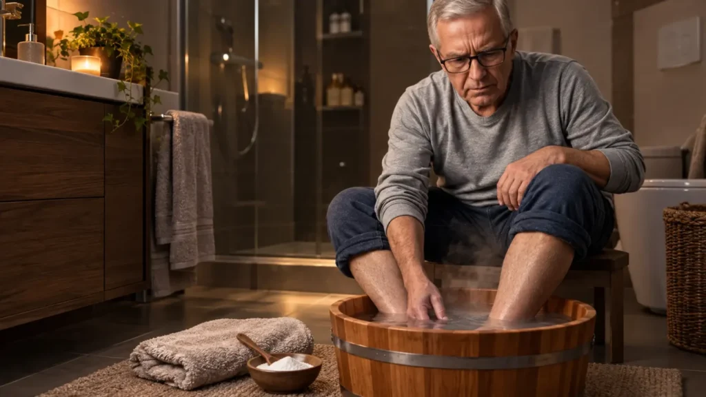 Uomo con i piedi dentro una bacinella di legno con acqua calda per pediluvio e un cucchiaio di bicarbonato