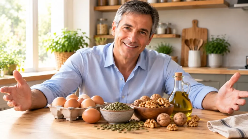 Uomo davanti ad alimenti ricchi di zinco e magnesio per aumentare il testosterone disposti su un tavolo di legno
