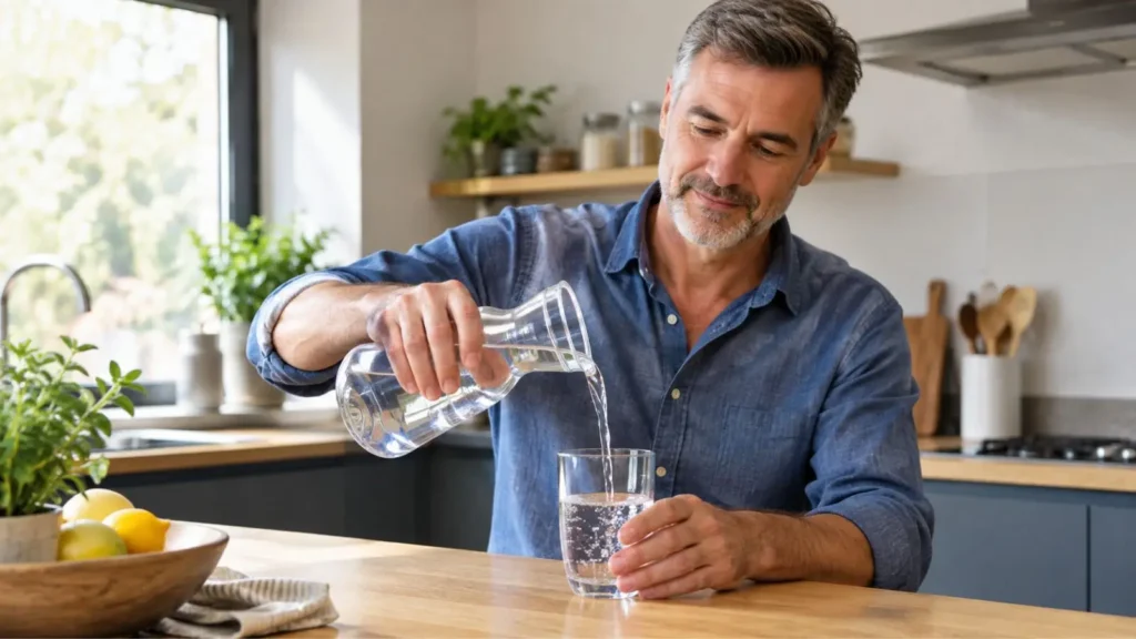 Uomo over 50 versa acqua da una caraffa in un bicchiere, in cucina, luce naturale del mattino
