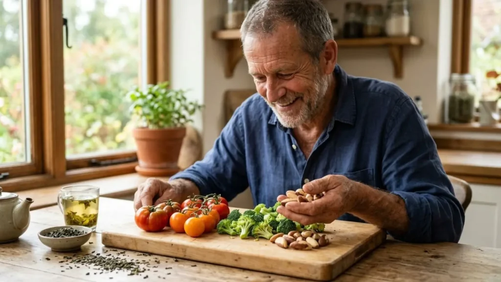 Uomo sui 50 anni a tavola con pomodori, broccoli e noci del Brasile su un tagliere di legno, foglie di tè verde e luce naturale.