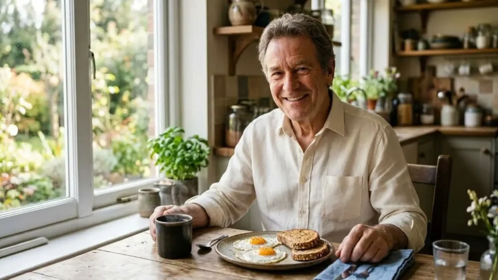 Uomo sulla sessantina sorride a tavola davanti a un piatto di uova con pane integrale e una tazza di caffè.