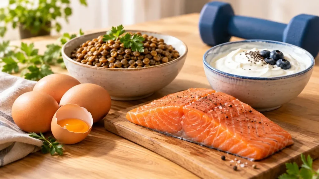 Uova, salmone, legumi e yogurt greco su un tavolo di legno chiaro accanto a un piccolo manubrio