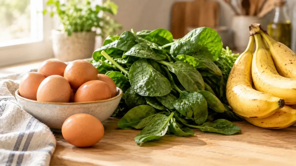 Uova, spinaci freschi e banane disposti su un tavolo di legno chiaro