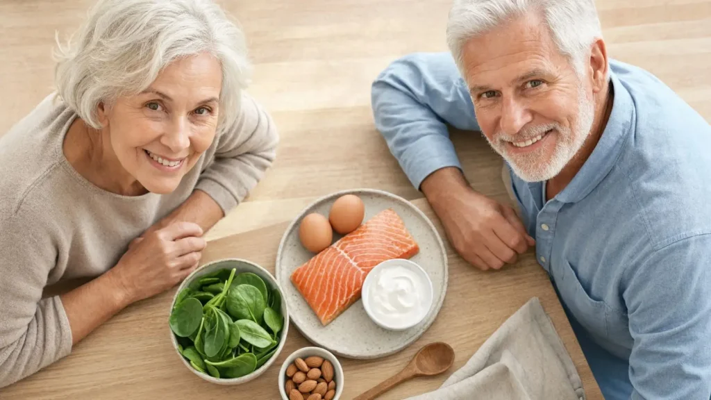 Coppia over 60 a tavola con salmone, spinaci, uova, yogurt e frutta secca