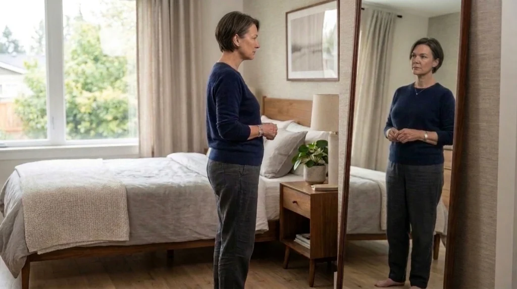 Donna davanti allo specchio della camera da letto