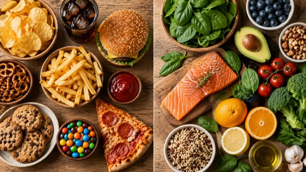 Snack confezionati a confronto con spinaci, agrumi e pesce freschi