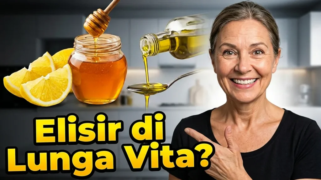 Miele, limone e olio di oliva accanto alla scritta Elisir di lunga vita
