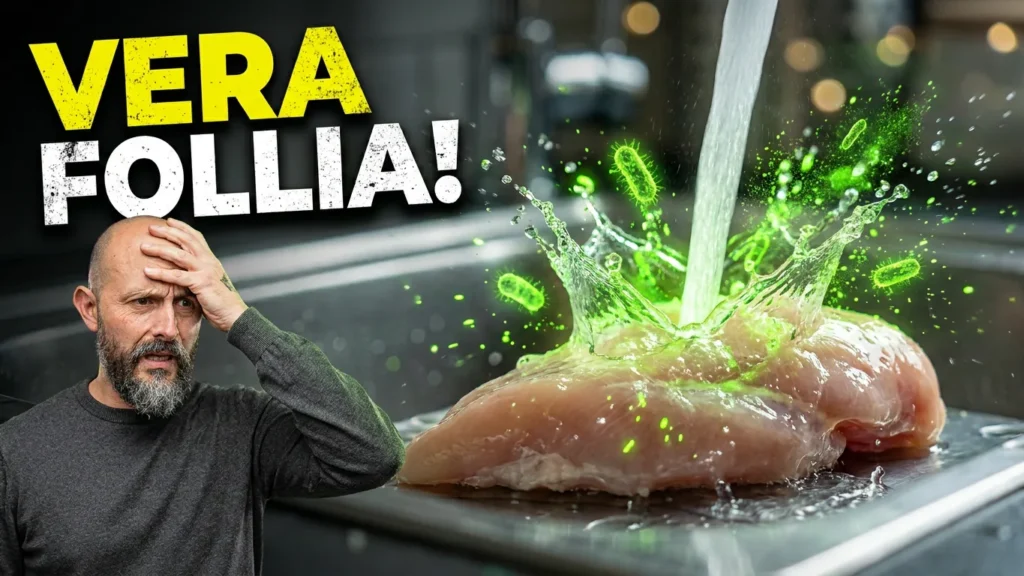 Uomo che lava il pollo crudo nel lavello accanto alla scritta Vera follia