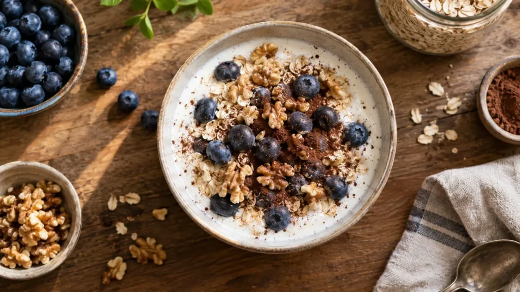 Ciotola di kefir con fiocchi davena, mirtilli, noci e una spolverata di cacao amaro su un tavolo di legno, luce del mattino.