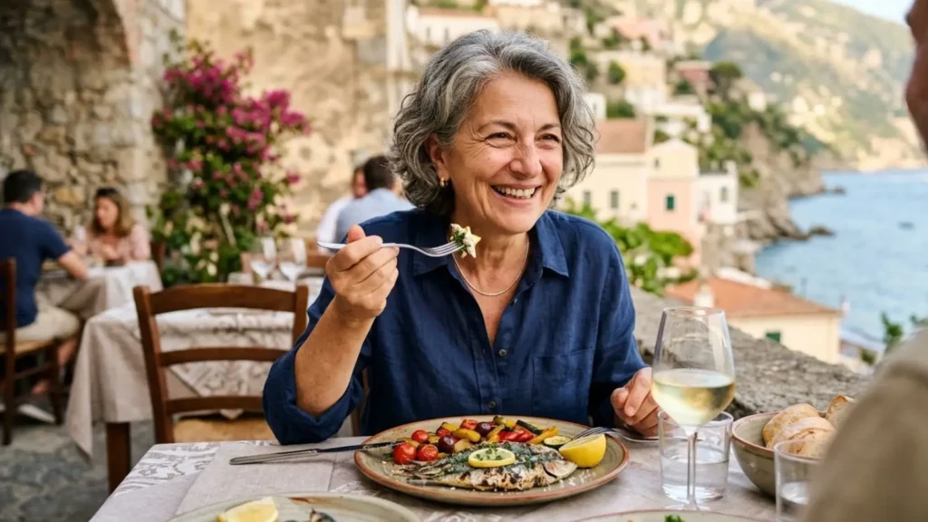 Donna sulla sessantina mangia sardine grigliate con limone a un tavolo esterno.