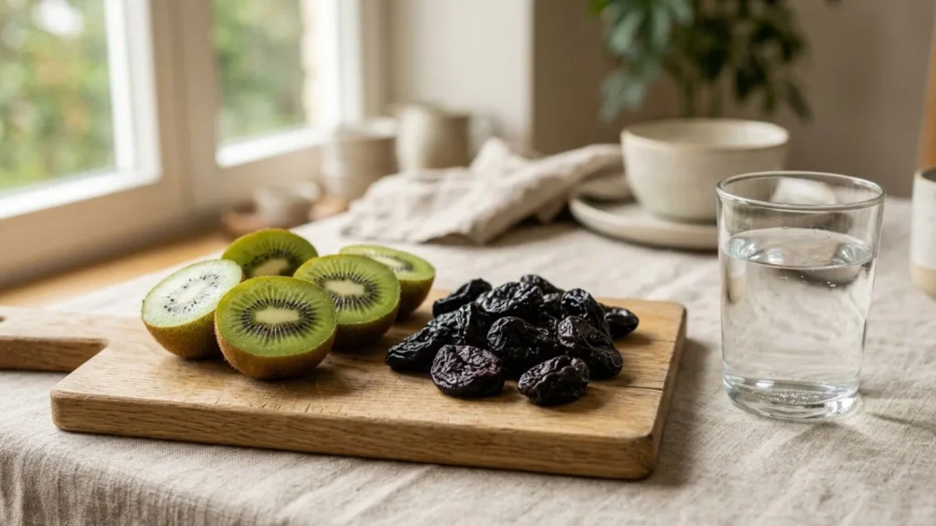 Kiwi tagliati a metà e prugne secche su un tagliere di legno, con un bicchiere d'acqua accanto.
