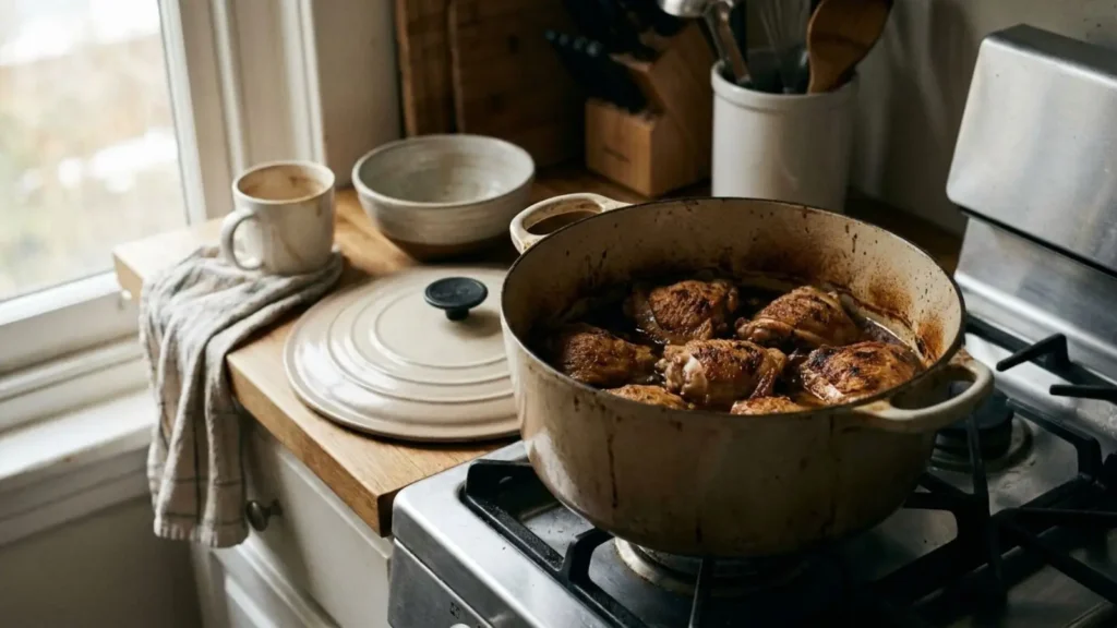 Pentola con pezzi di pollo cotto lasciata sul fornello di una cucina di casa, nella luce del primo mattino