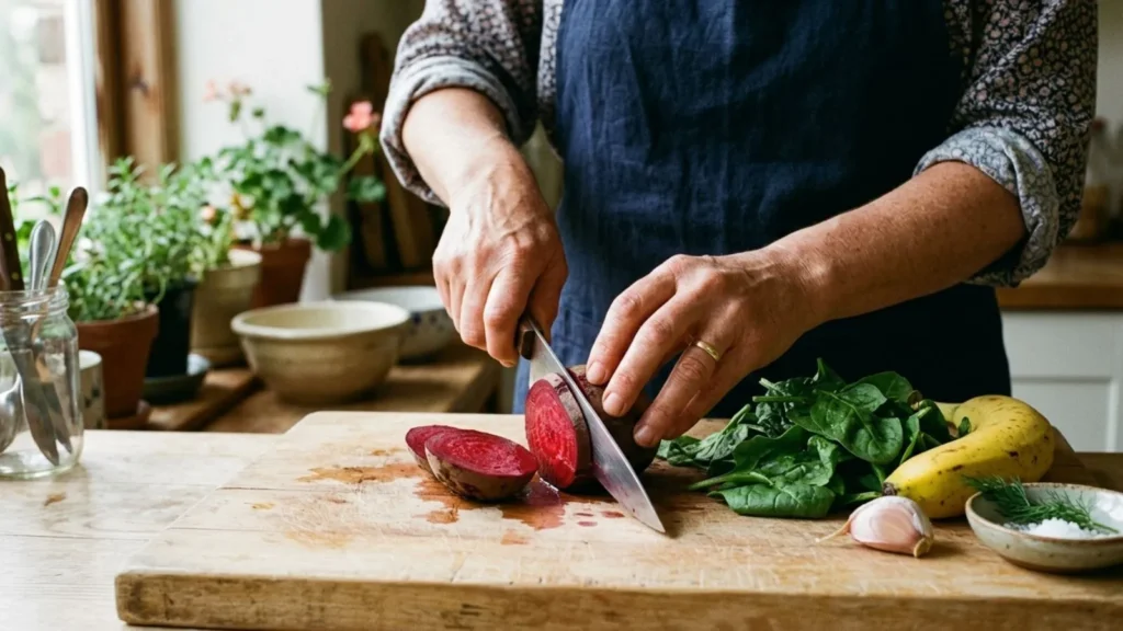 Persona-over-50-in-cucina-prepara-un_insalata-con-barbabietola_-spinaci_-banana-e-aglio-su-un-taglie
