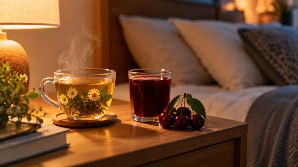 Una tazza di tisana e un bicchierino di succo di amarena su un comodino di legno, accanto a una lampada accesa la sera